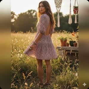 Free People Floral Open Back Puff Sleeve Mini Dress Boho S